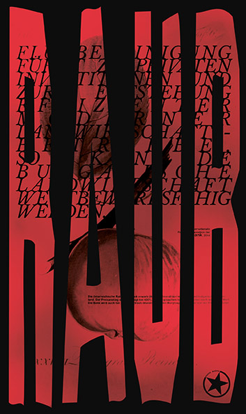 Cover vom Buch "Landraub". Große rote Schrift "Raub" auf schwarzem Hintergrund. In der Schrift sieht man eine Kakaobohne und eine Frucht.